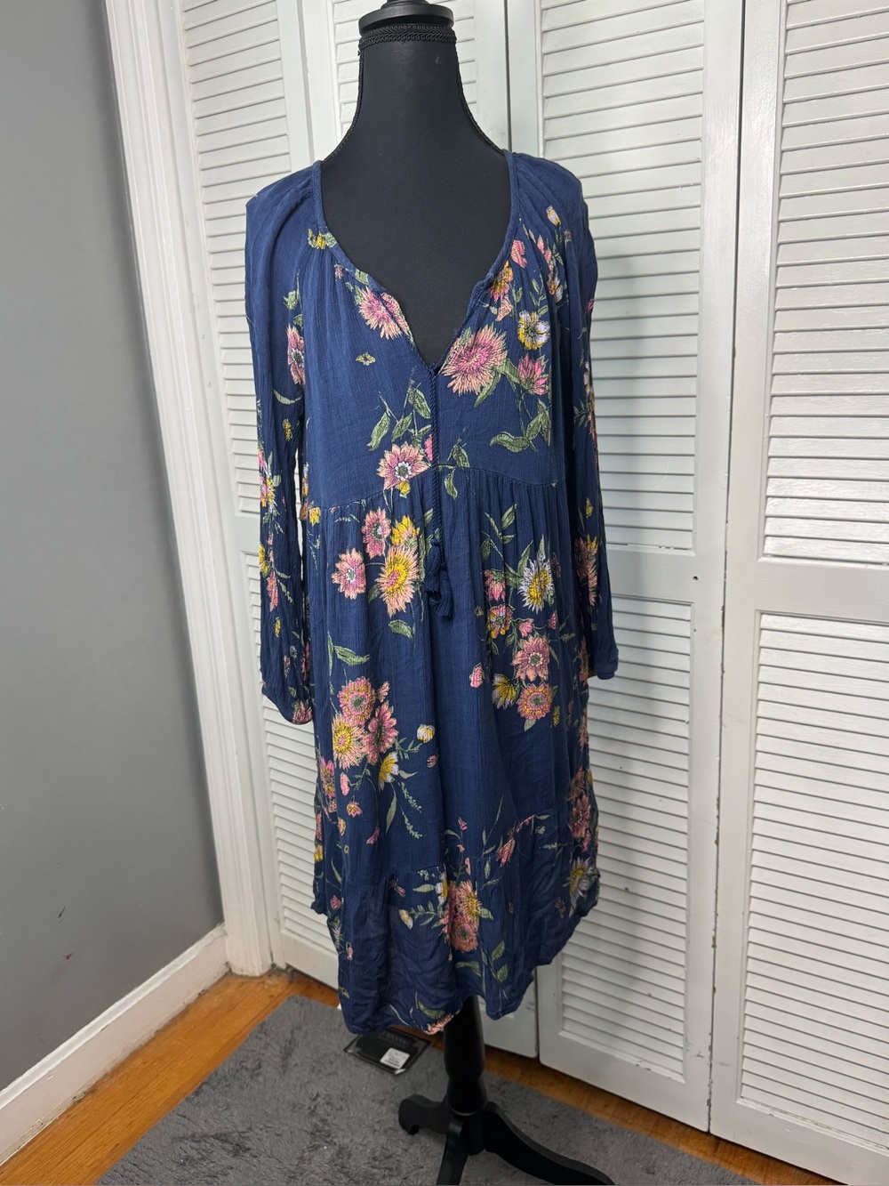 Old Navy Blue Floral Babydoll Empire Boho Country Swing Dress Size Medium